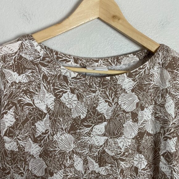 J Jill Womens Large Tan Linen Blend Shirt Seashell Print Top 3/4 Sleeve - Picture 6 of 12